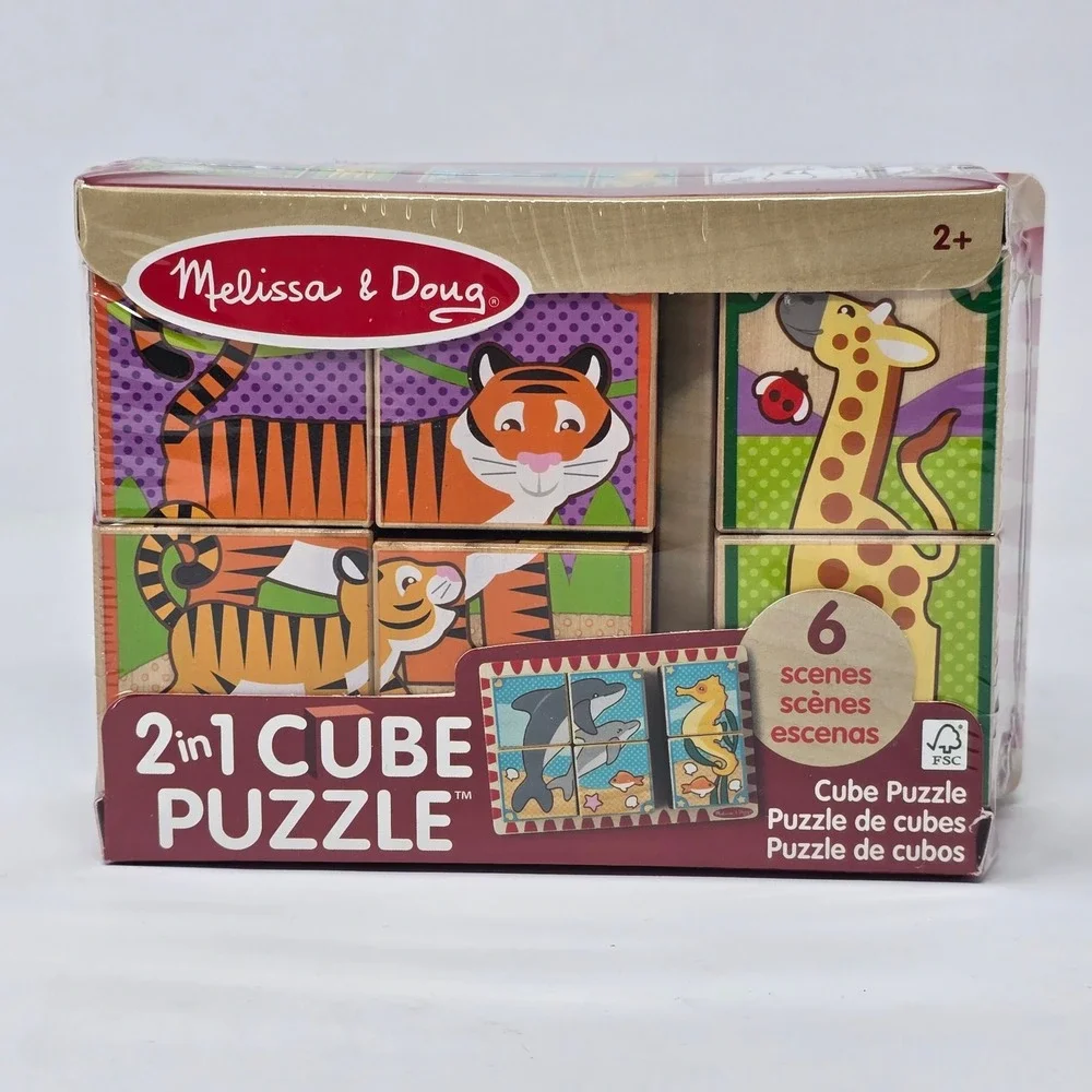 Melissa & Doug 2-in-1 Wooden Cube Puzzle Animals 6 Scenes‎ 50274 New
